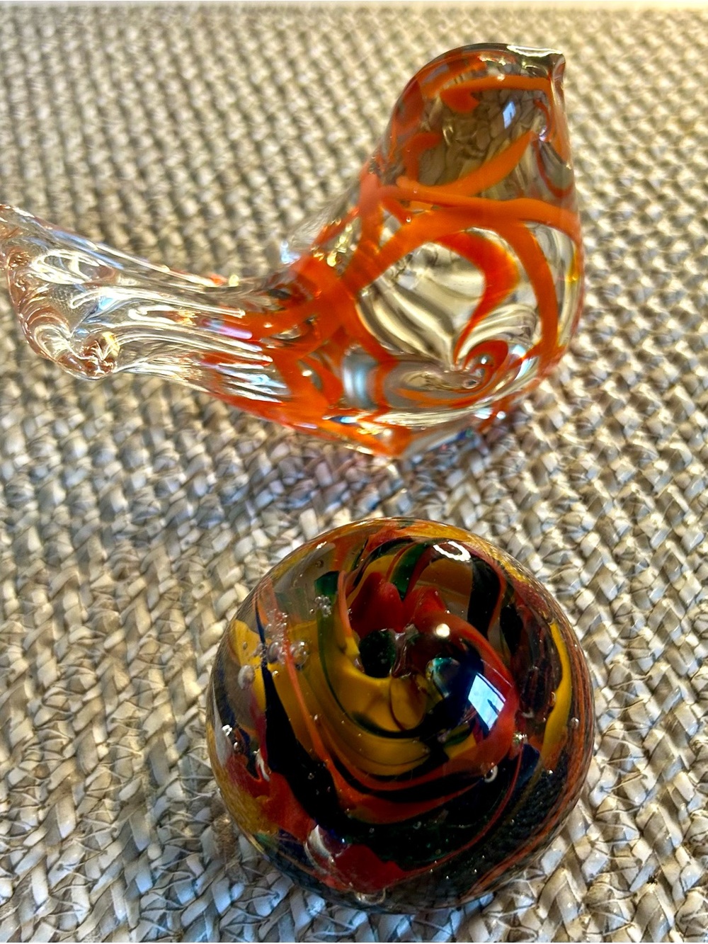 Studio Art Glass Bird Figurine & Swirl Paperweight Set